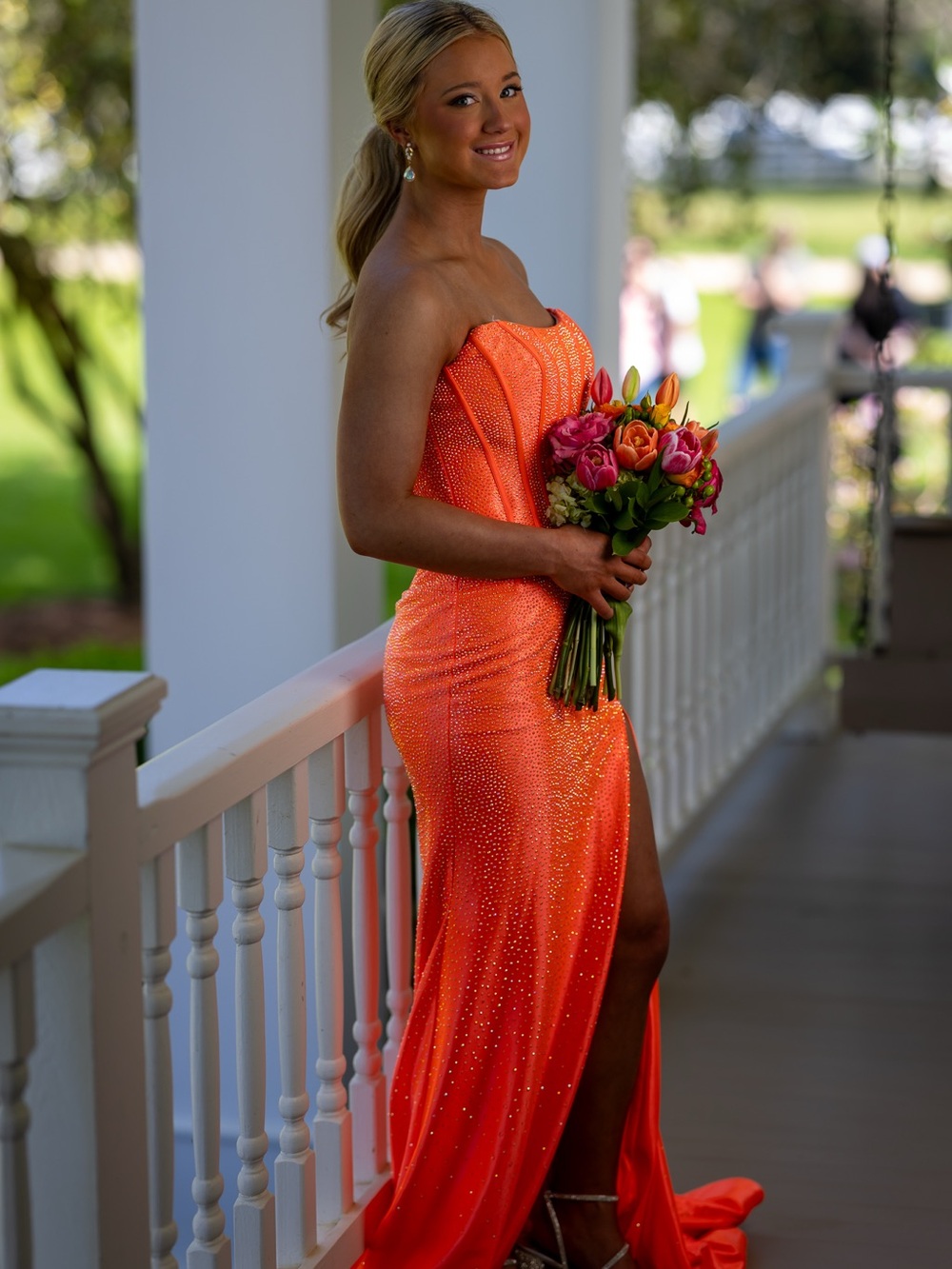 Sherri Hill Strapless Orange Evening Gown with Side Slit
